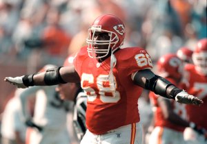 Kansas City Chiefs guard Will Shields (68) celebrates during the Sept. 8 2002 away game against the Cleveland Browns. The Chiefs won 40-39.